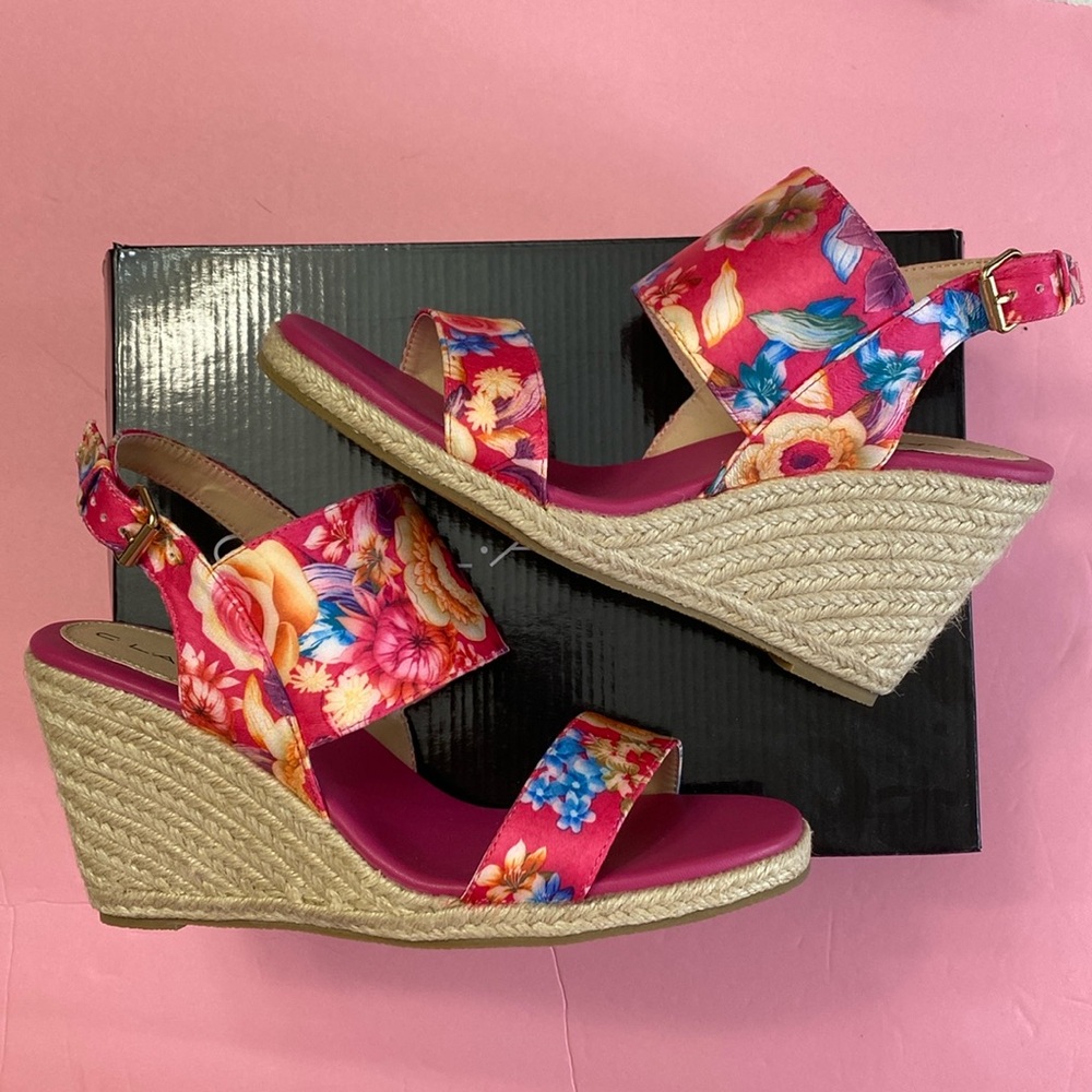 NEW in box C Label satin fuchsia floral print strappy wedge heel espadrilles